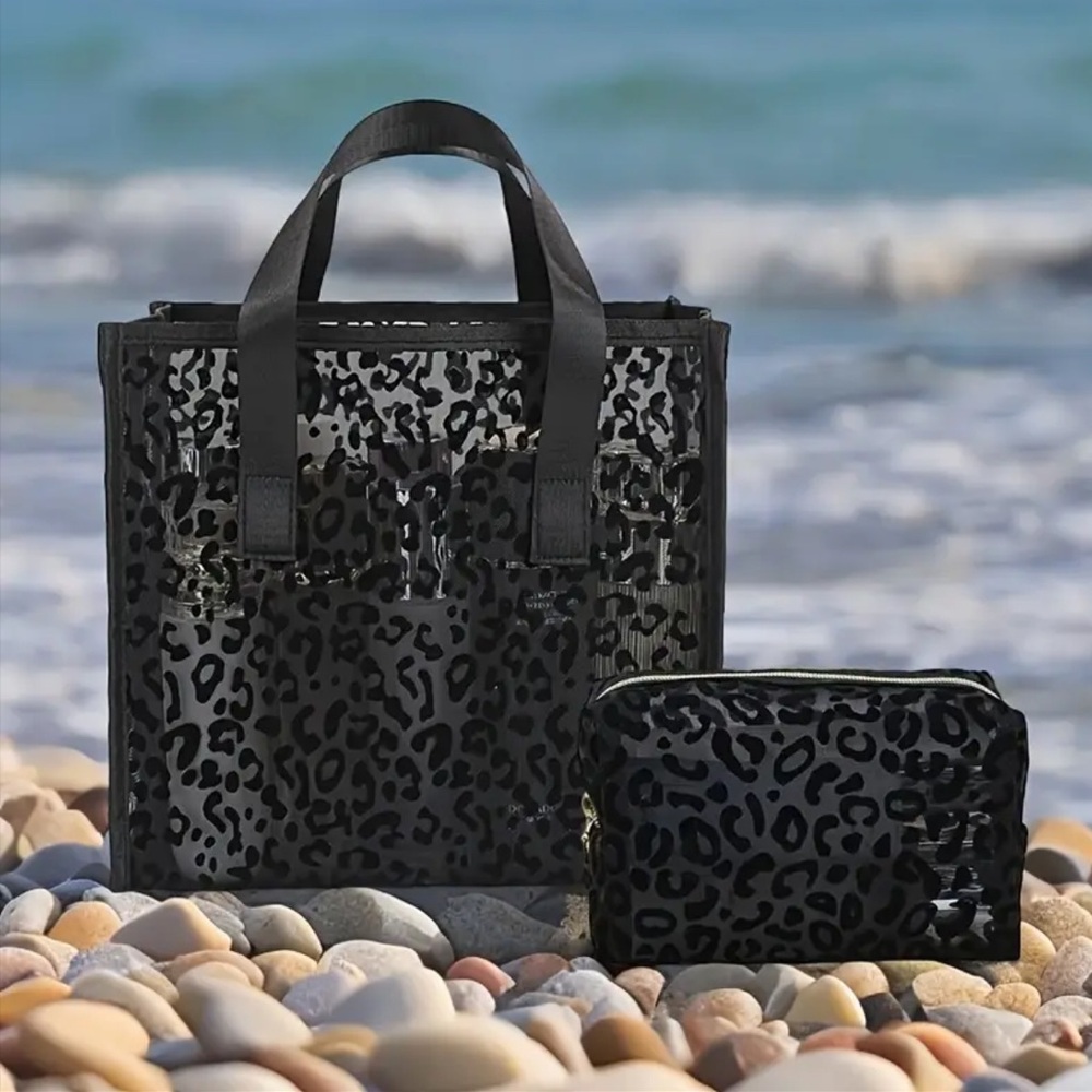 Leopard Print Black Tote and Pouch Set, NEW